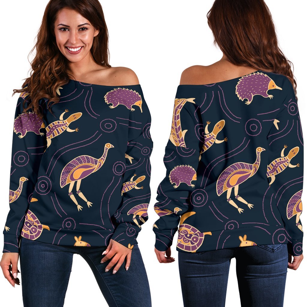 Women's Off Shoulder Sweater - Indigenous Animals Patterns - Vibe Hoodie