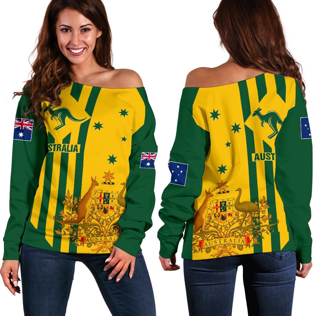 Women's Off Shoulder Sweater -  Australia Kangaroo Sign National Color - Vibe Hoodie