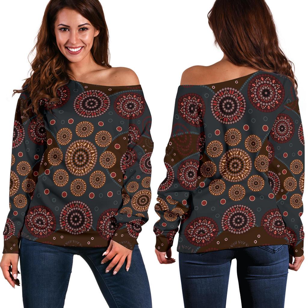 Womens Off Shoulder Sweater - Aboriginal Dot Painting Sweater Ver02 - Vibe Hoodie