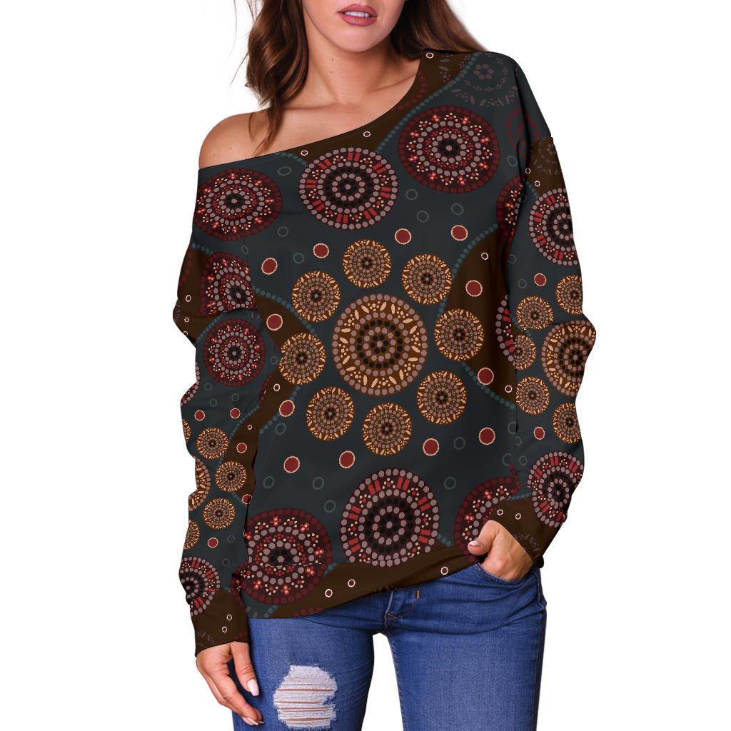 Womens Off Shoulder Sweater - Aboriginal Dot Painting Sweater Ver02 - Vibe Hoodie