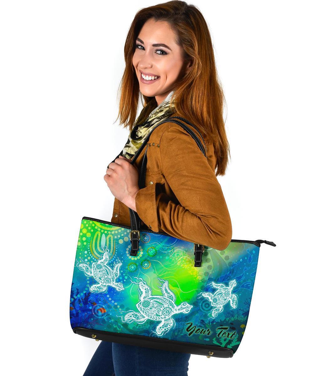 custom-text-aboriginal-large-leather-tote-bags-indigenous-turtle-ocean-dot-painting-art