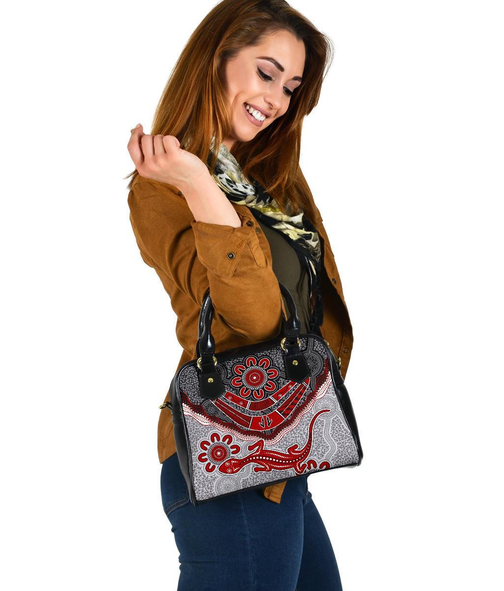 Aboriginal Shoulder Handbag - Indigenous Boomerang and Lizard Art - Vibe Hoodie