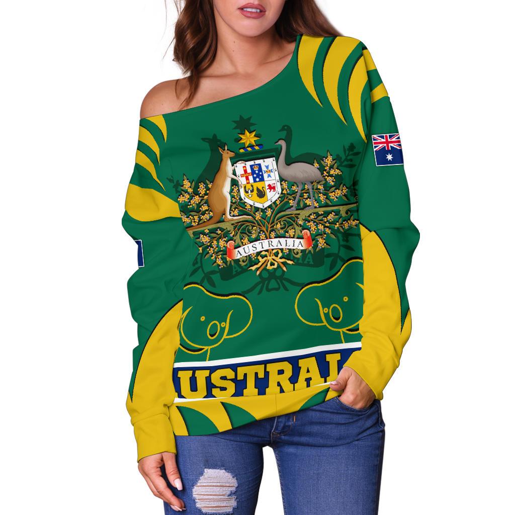 Women's Off Shoulder Sweater - Australian Coat Of Arms Shorts Koala - Vibe Hoodie