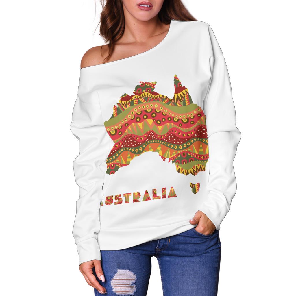 Womens Off Shoulder Sweater - Australia Map Sweater Kangaroo Aboriginal Patterns - Vibe Hoodie