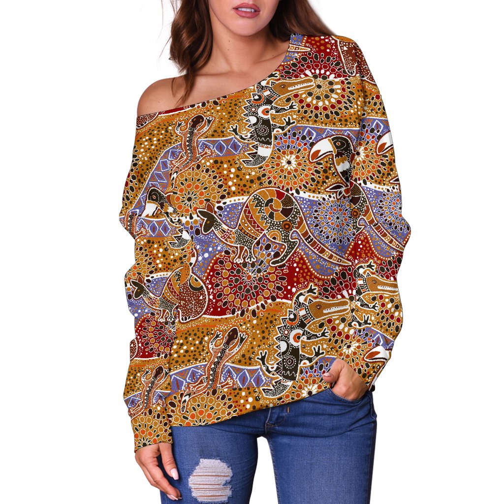 Womens Off Shoulder Sweater - Aboriginal Patterns Sweater Australian Animals - Vibe Hoodie