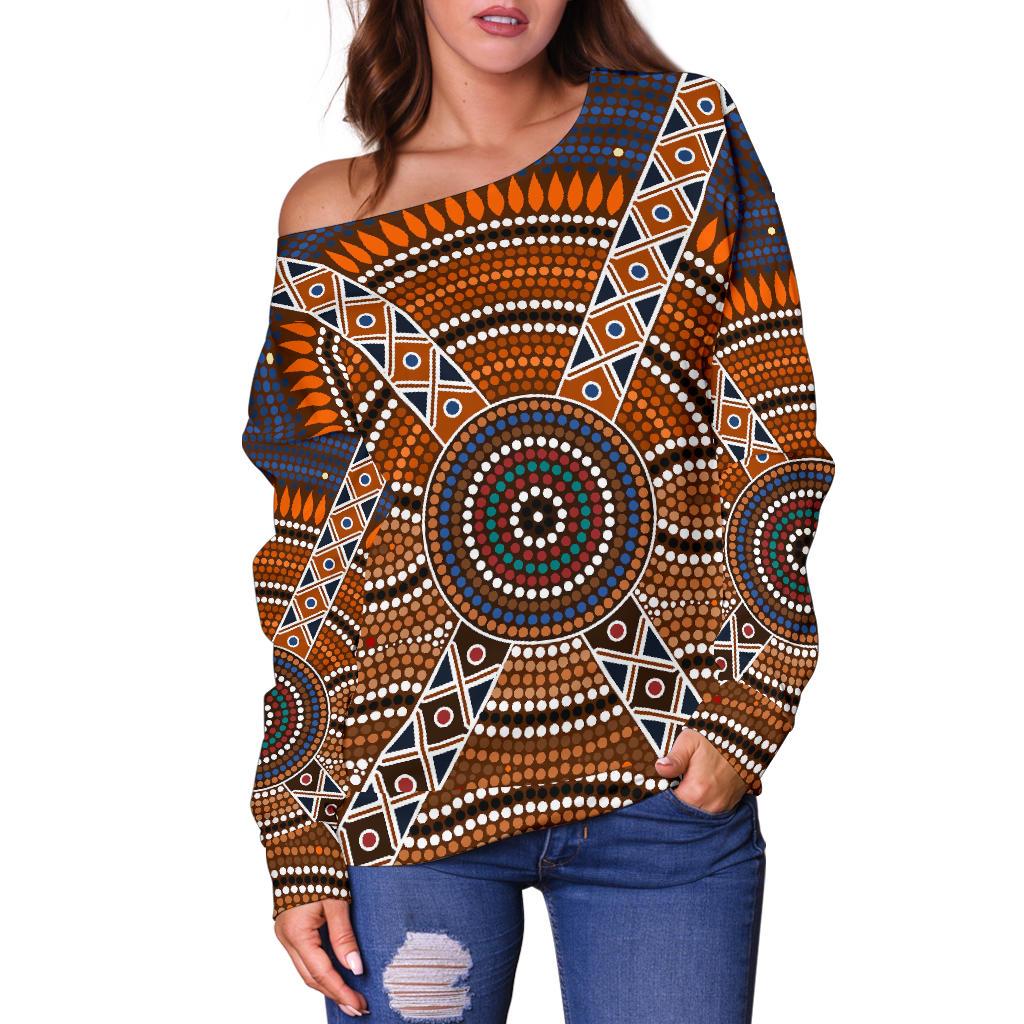 Womens Off Shoulder Sweater - Aboriginal Dot Painting Sweater Ver01 - Vibe Hoodie