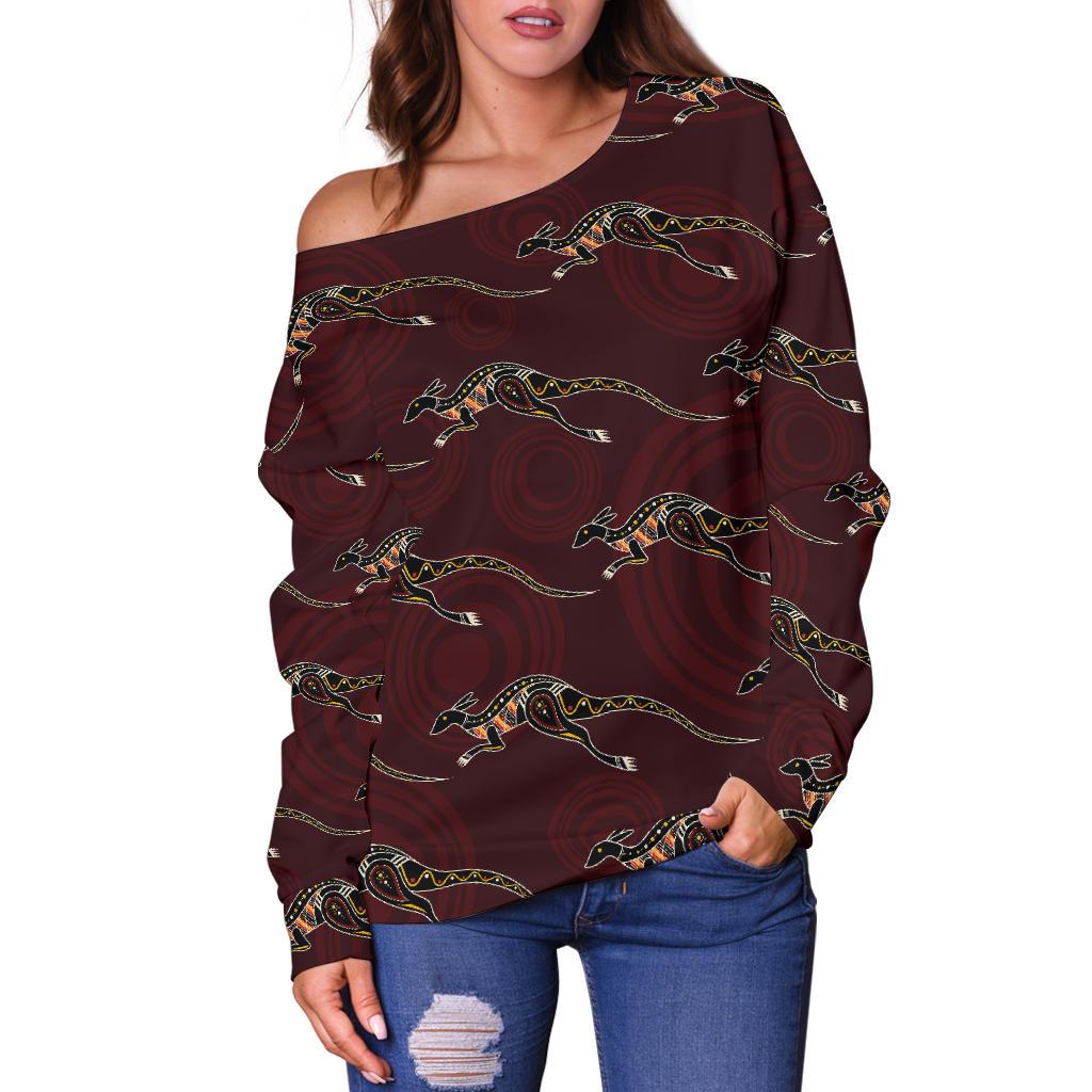 Womens Off Shoulder Sweater - Kangaroo Sweater Aboriginal Patterns - Vibe Hoodie