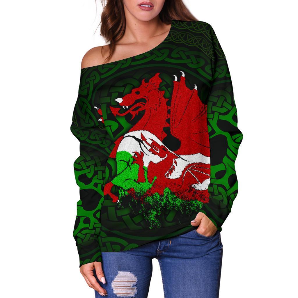 Wales Women's Off Shoulder Sweater - Cymru Dragon - Vibe Hoodie