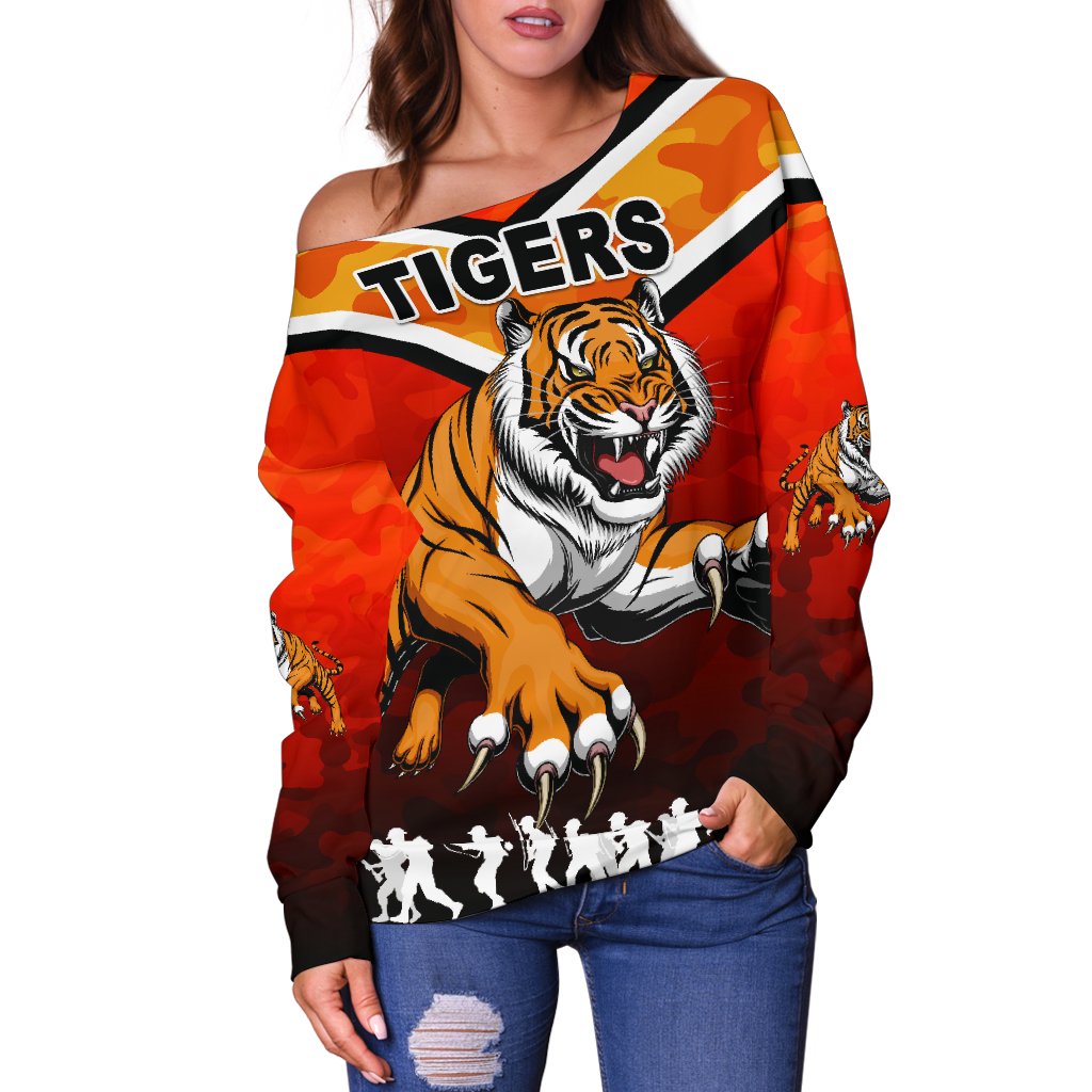 Wests Women's Off Shoulder Sweater Tigers Anzac Vibes - Vibe Hoodie