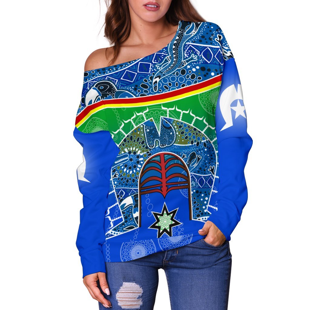 Women's Off Shoulder - Torres Strait Symbol With Aboriginal Patterns - Vibe Hoodie