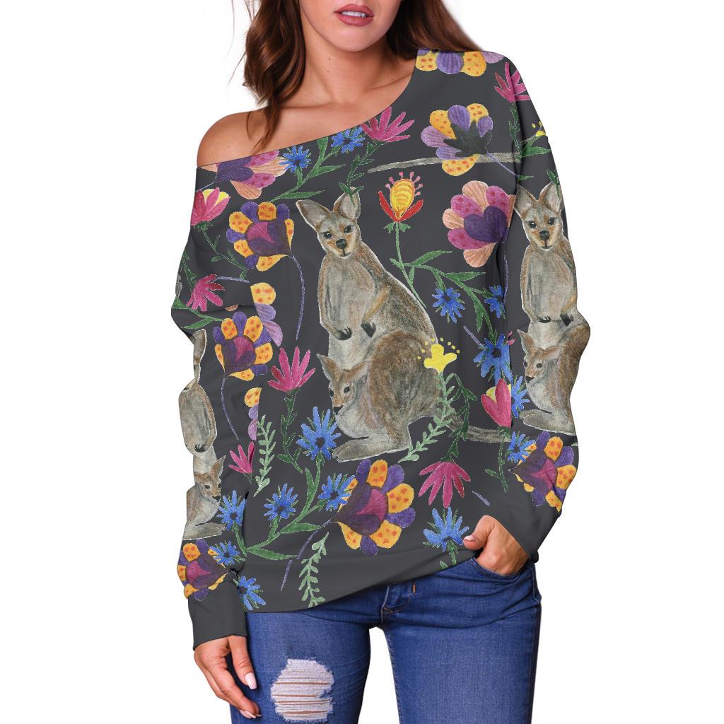 Womens Off Shoulder Sweater - Kangaroo Sweater Flowers Painting - Vibe Hoodie