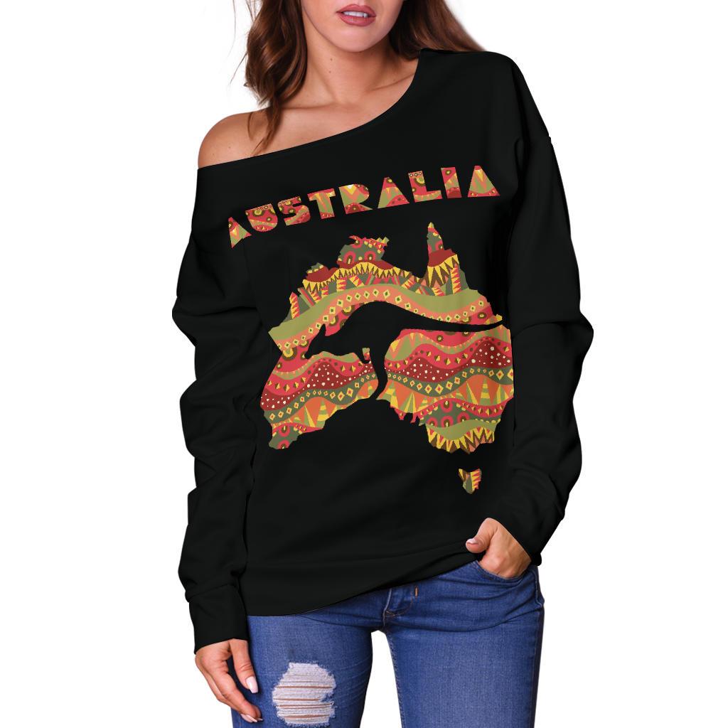 Womens Off Shoulder Sweater - Australia Map Sweater Kangaroo Aboriginal Patterns - Vibe Hoodie