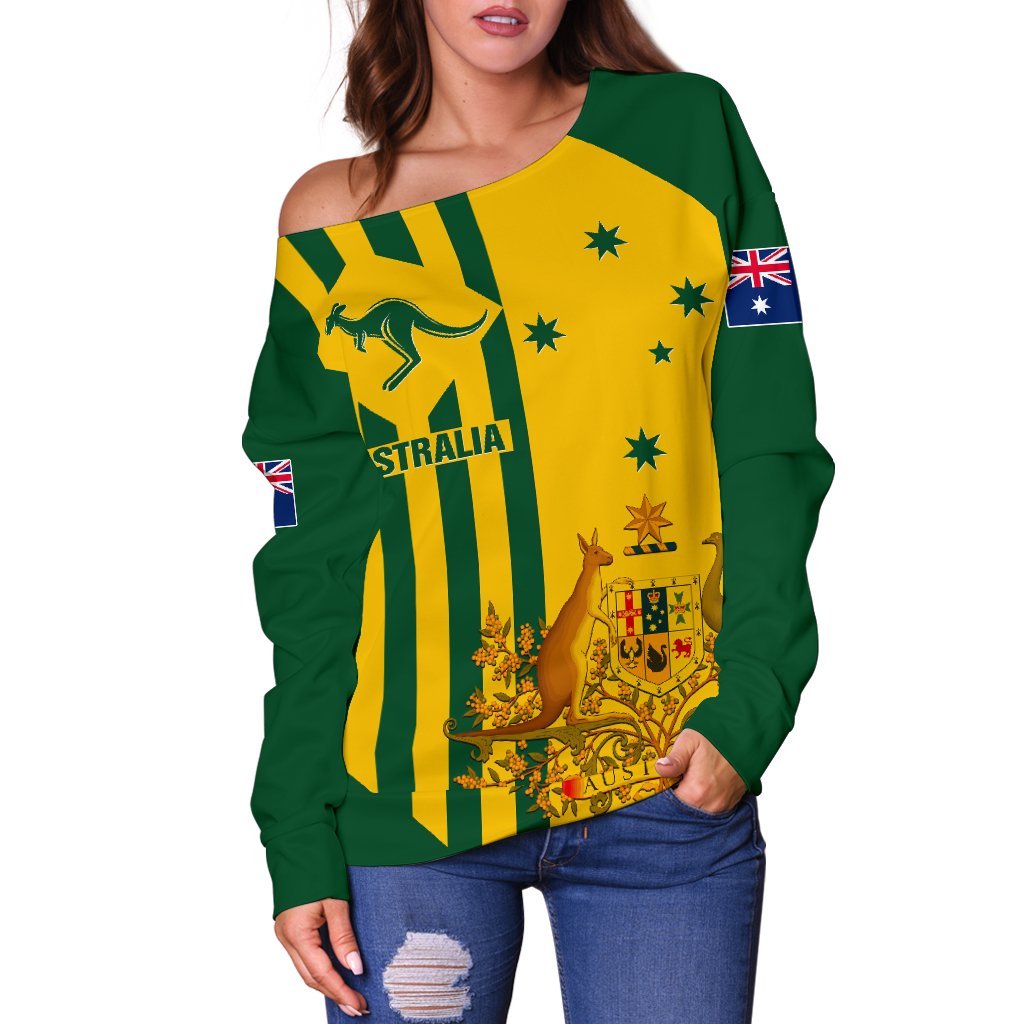 Women's Off Shoulder Sweater -  Australia Kangaroo Sign National Color - Vibe Hoodie