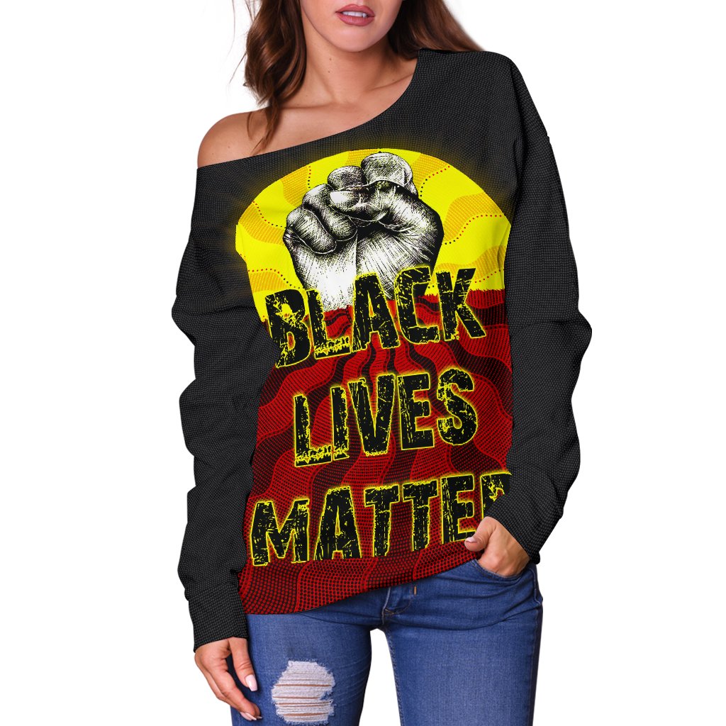 Women's Off Shoulder Sweater, Aboriginal Black Lives Matter Sun Dot Painting - Vibe Hoodie