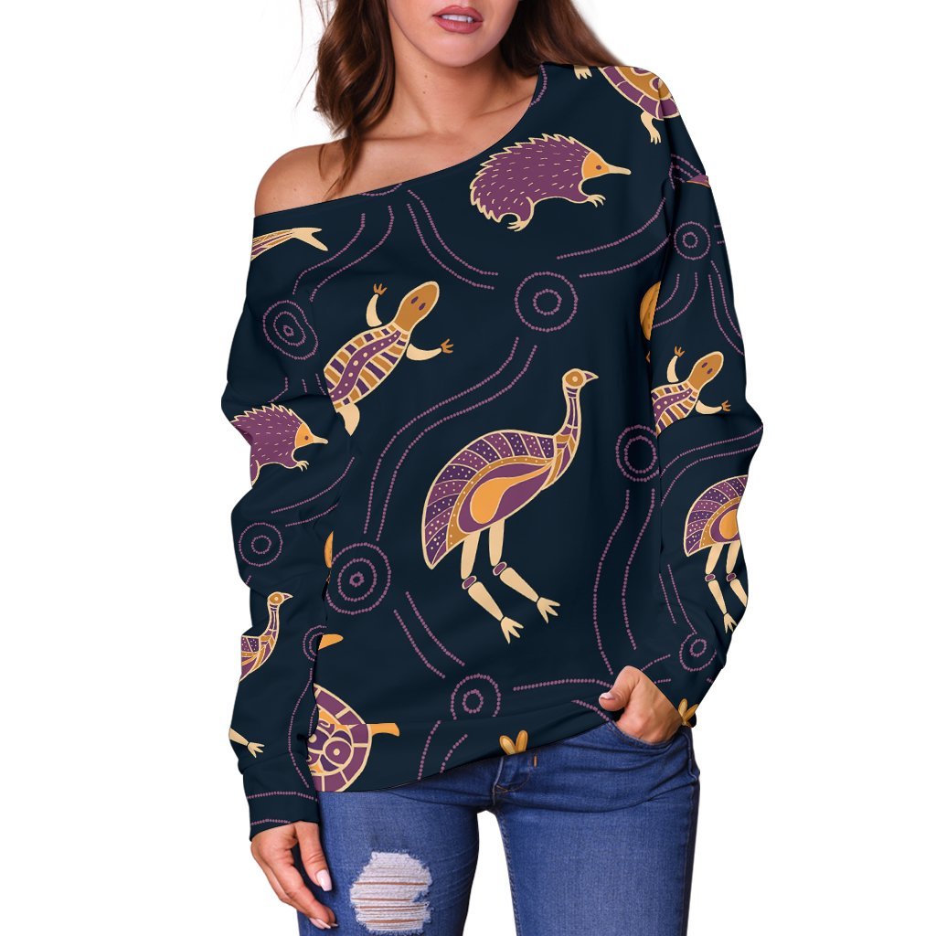 Women's Off Shoulder Sweater - Indigenous Animals Patterns - Vibe Hoodie