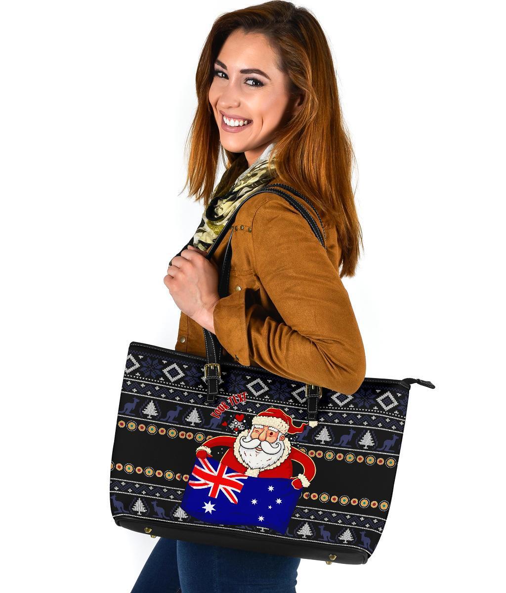 christmas-personalised-leather-tote-bag-australia-santa-claus-hold-the-flag-black