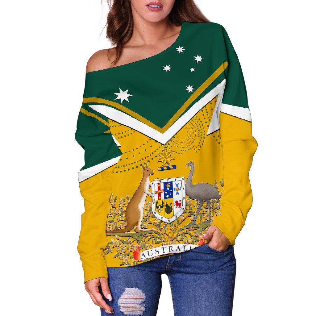 Women's Off Shoulder Sweater - Australian Coat Of Arms National Color - Vibe Hoodie