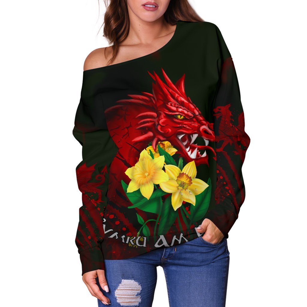 Wales Women's Off Shoulder Sweater, Cymru Am Byth Welsh Dragon Daffodil - Vibe Hoodie