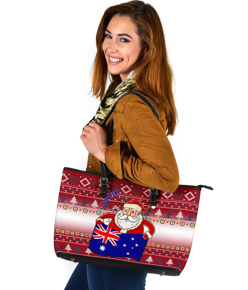 christmas-personalised-large-leather-tote-bags-australia-santa-claus-hold-the-flag-red