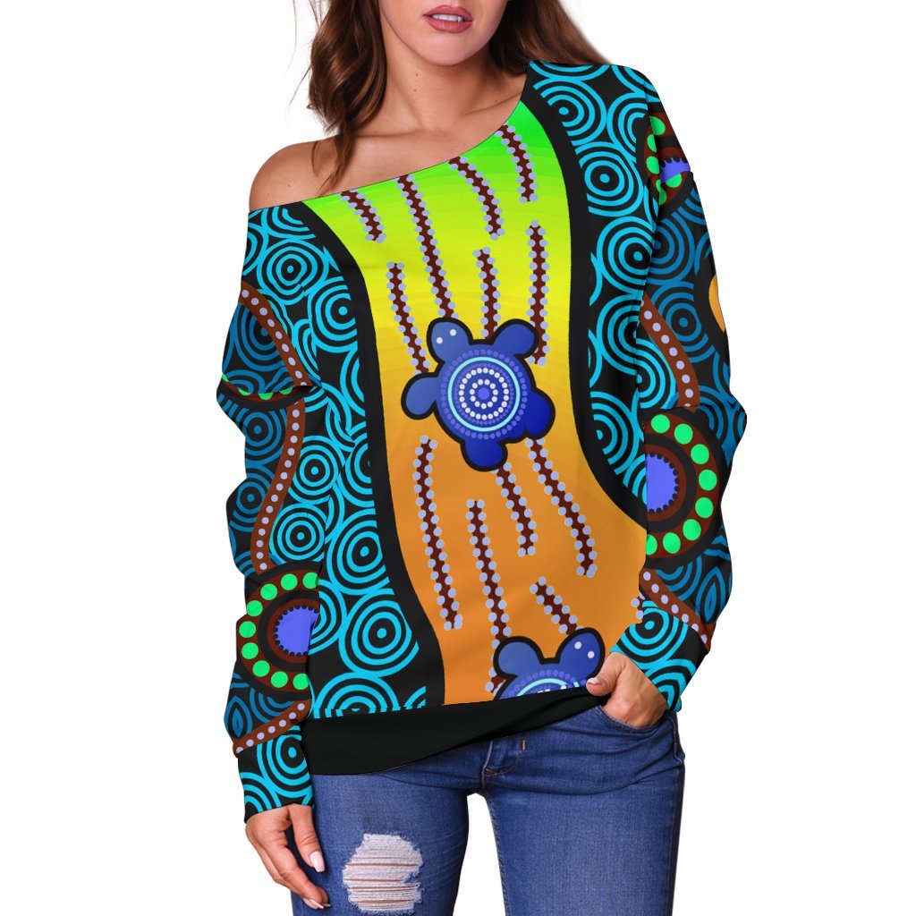 Women's Off Shoulder Sweater - Aboriginal Turtle - Vibe Hoodie