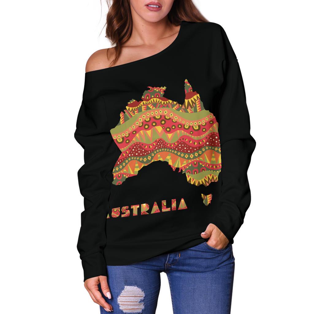 Womens Off Shoulder Sweater - Australia Map Sweater Aboriginal Patterns - Vibe Hoodie