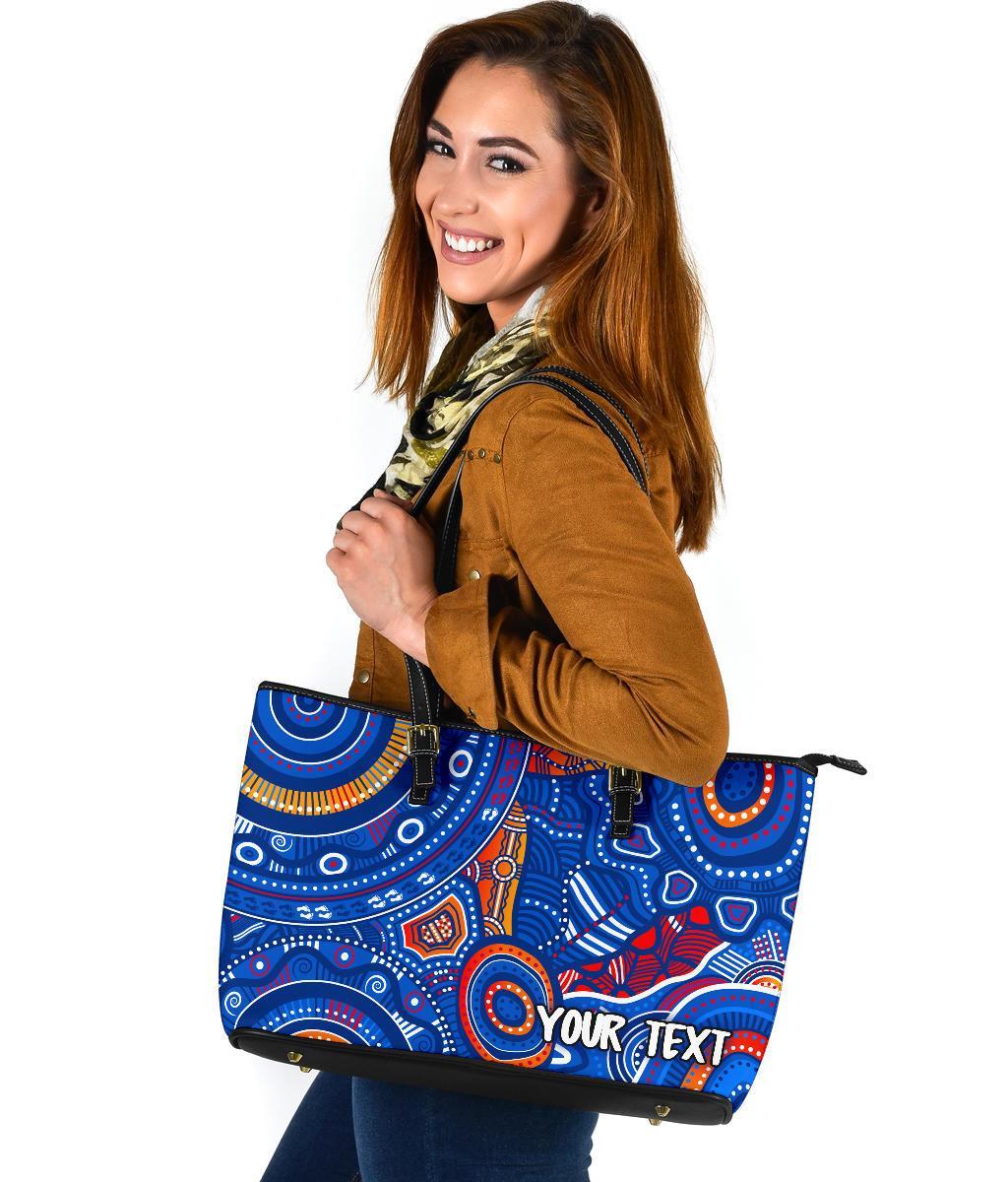 custom-text-aboriginal-large-leather-tote-bag-indigenous-footprint-patterns-blue-color