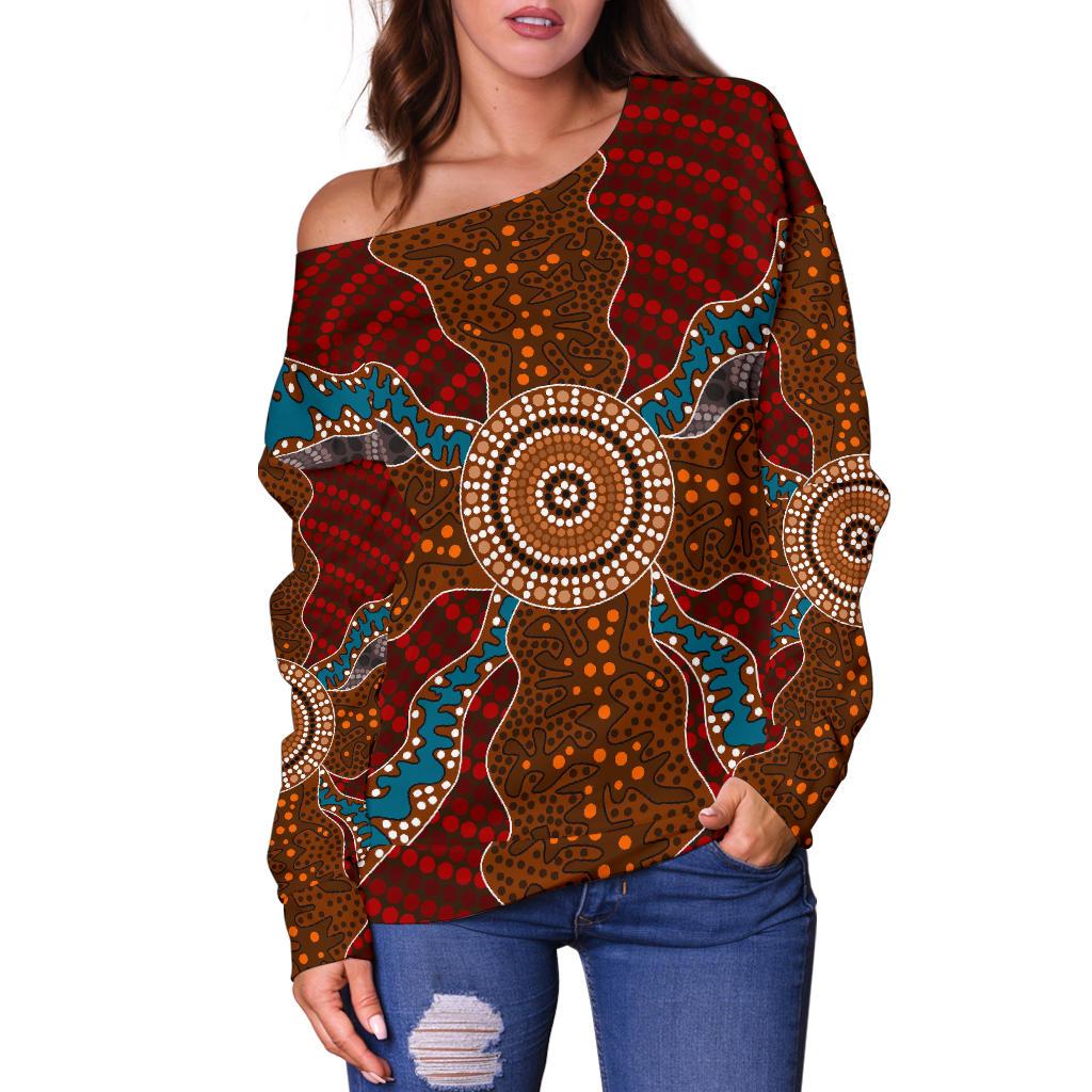 Womens Off Shoulder Sweater - Aboriginal Dot Painting Sweater Ver06 - Vibe Hoodie