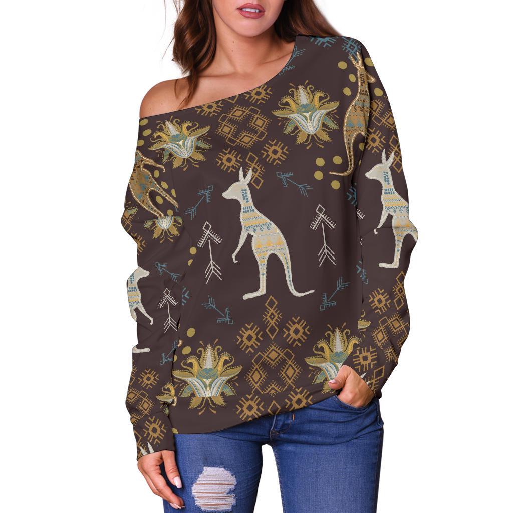 Womens Off Shoulder Sweater - Kangaroo Sweater Aboriginal Patterns Bohemian - Vibe Hoodie