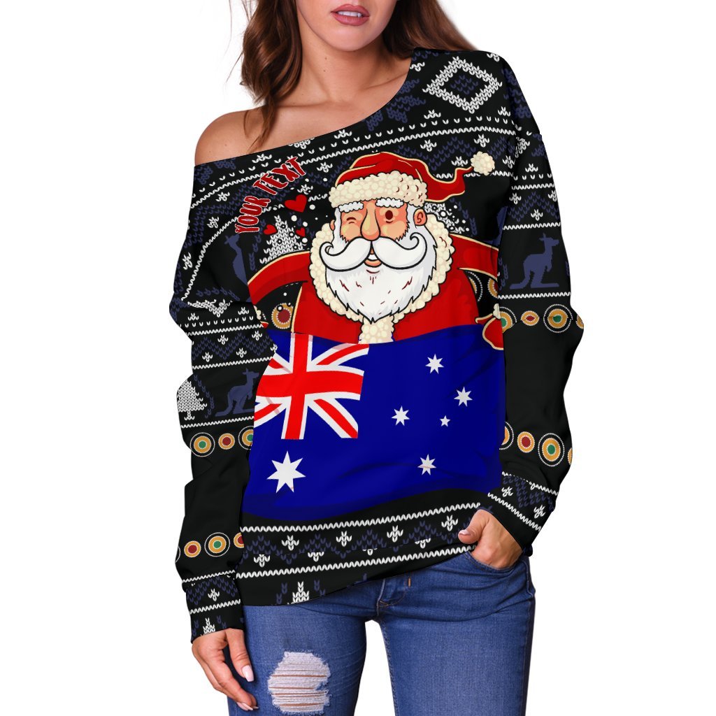 Christmas  Personalised Women's Off Shoulder Handbag - Australia Santa Claus Hold The Flag ( Black) - Vibe Hoodie