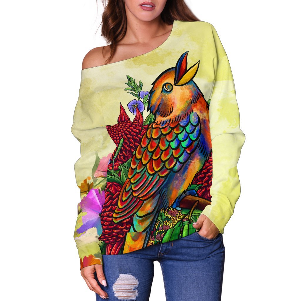 Women's Off Shoulder Sweater - Australia Kookaburra With Waratah - Vibe Hoodie