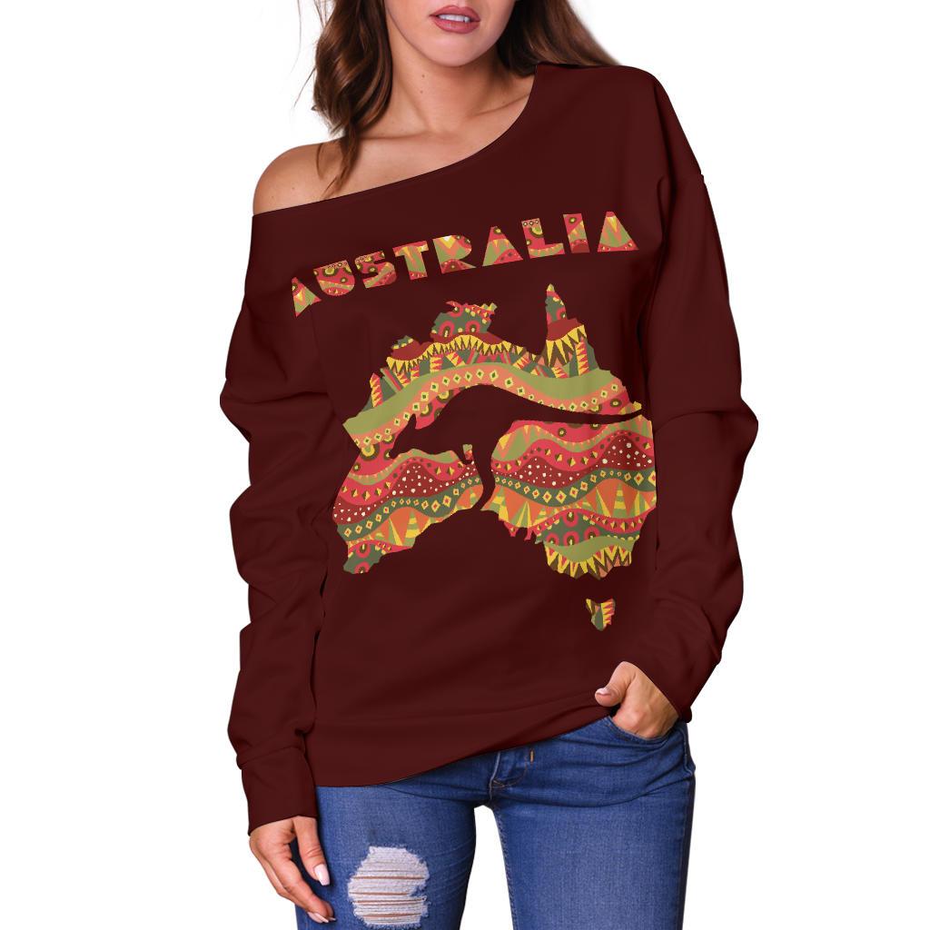 Womens Off Shoulder Sweater - Australia Map Sweater Kangaroo Aboriginal Patterns - Vibe Hoodie