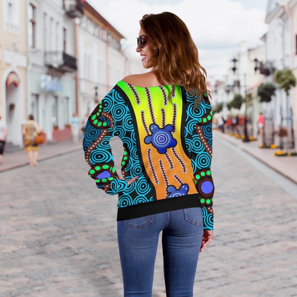 Women's Off Shoulder Sweater - Aboriginal Turtle - Vibe Hoodie