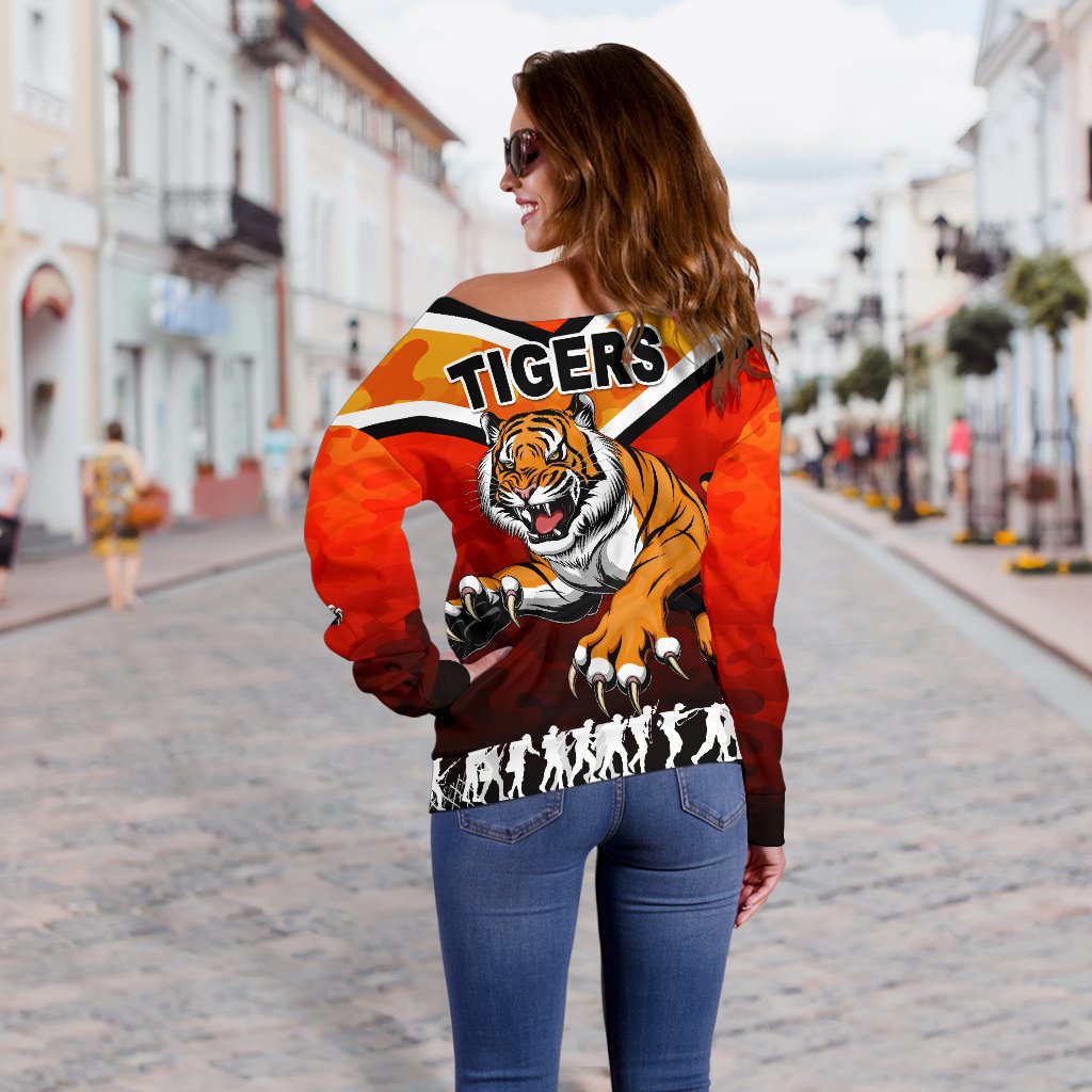 Wests Women's Off Shoulder Sweater Tigers Anzac Vibes - Vibe Hoodie