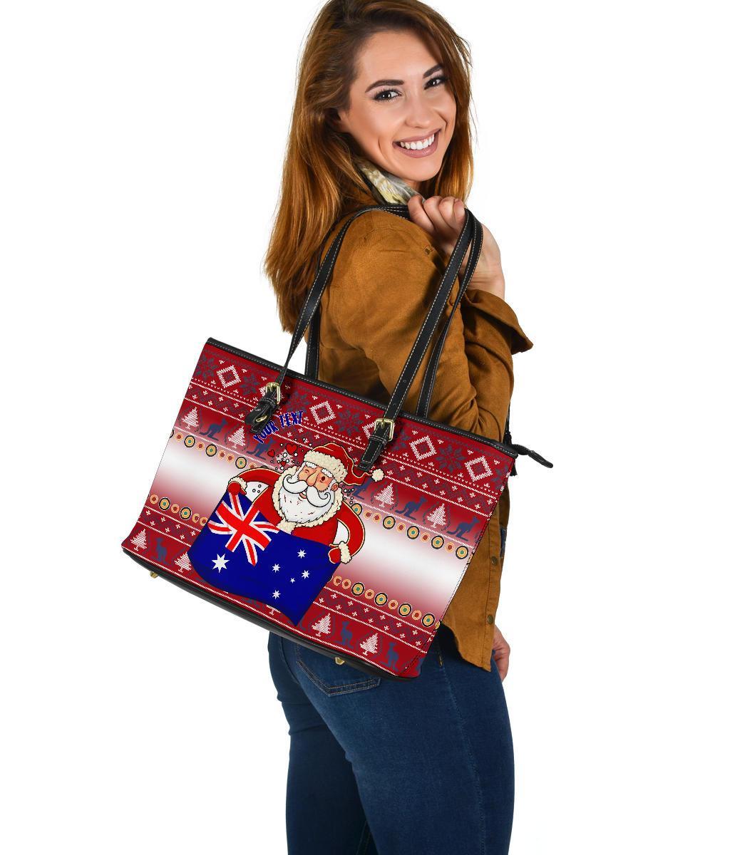 christmas-personalised-large-leather-tote-bags-australia-santa-claus-hold-the-flag-red