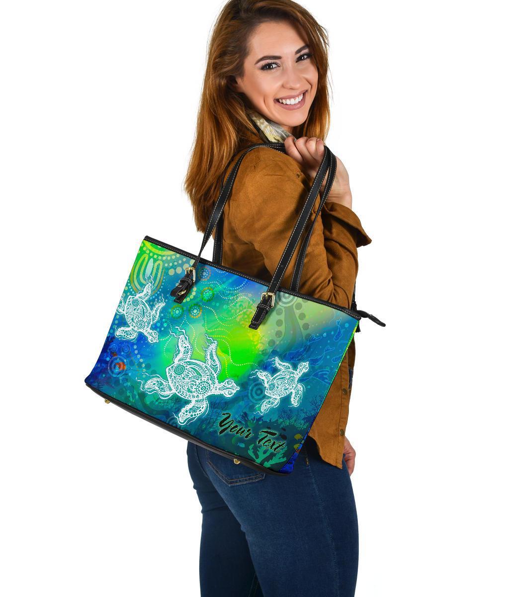 custom-text-aboriginal-large-leather-tote-bags-indigenous-turtle-ocean-dot-painting-art