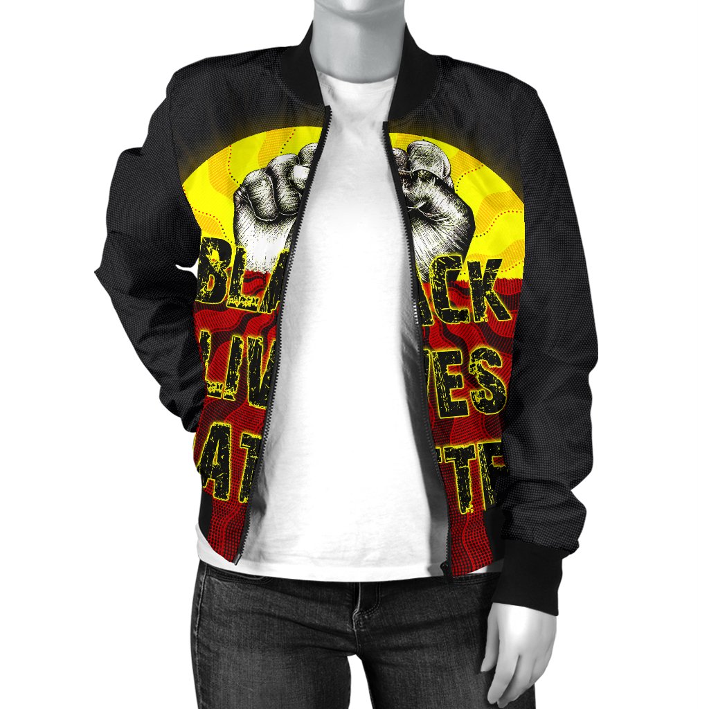 womens-bomber-jacket-aboriginal-black-lives-matter-sun-dot-painting