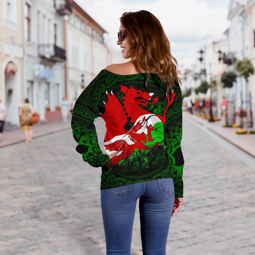 Wales Women's Off Shoulder Sweater - Cymru Dragon - Vibe Hoodie