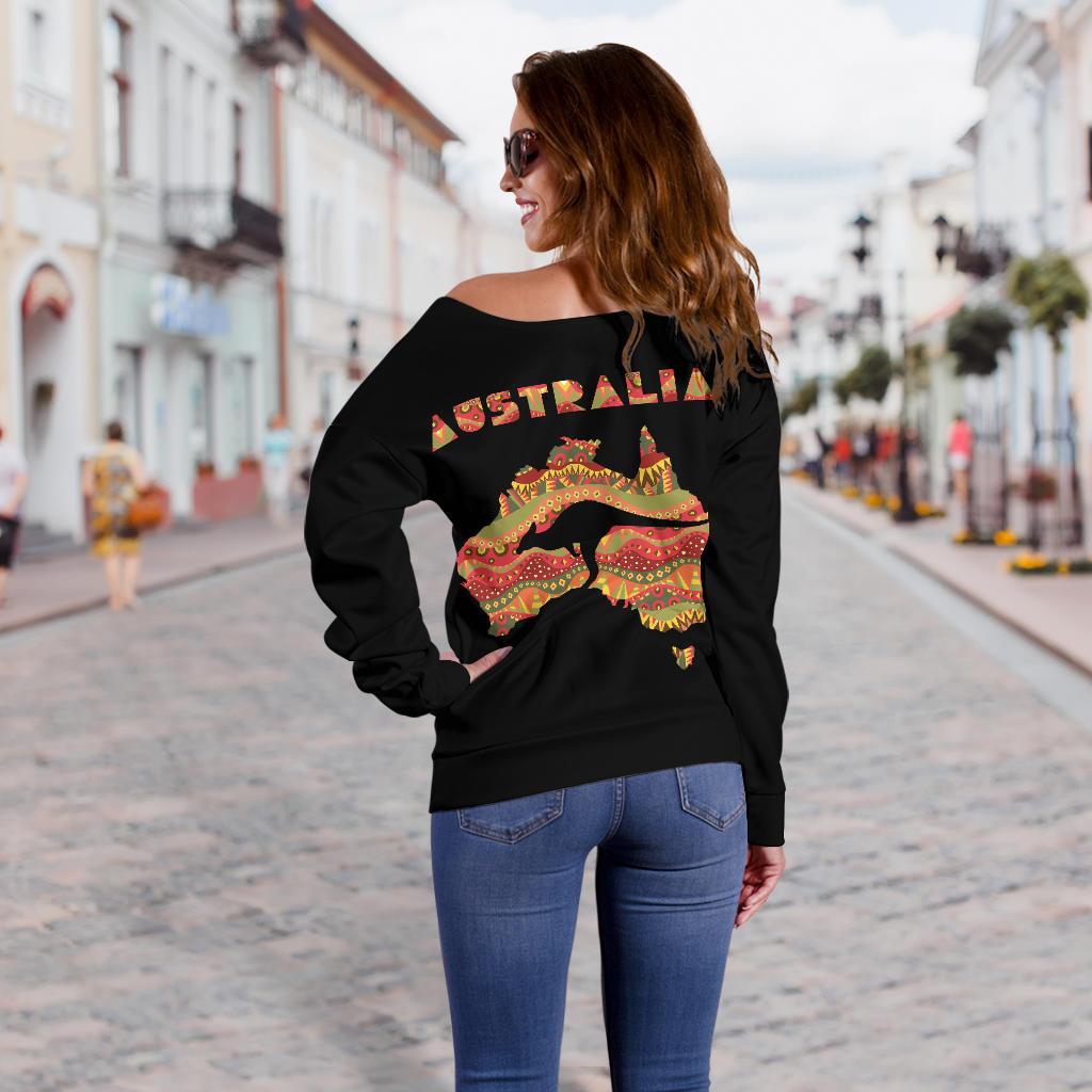 Womens Off Shoulder Sweater - Australia Map Sweater Kangaroo Aboriginal Patterns - Vibe Hoodie