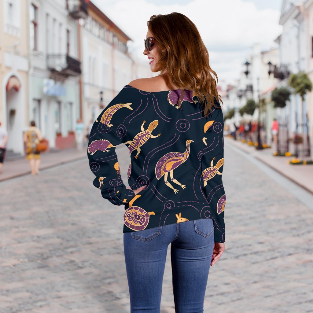 Women's Off Shoulder Sweater - Indigenous Animals Patterns - Vibe Hoodie