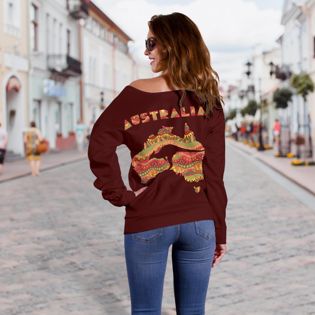 Womens Off Shoulder Sweater - Australia Map Sweater Kangaroo Aboriginal Patterns - Vibe Hoodie