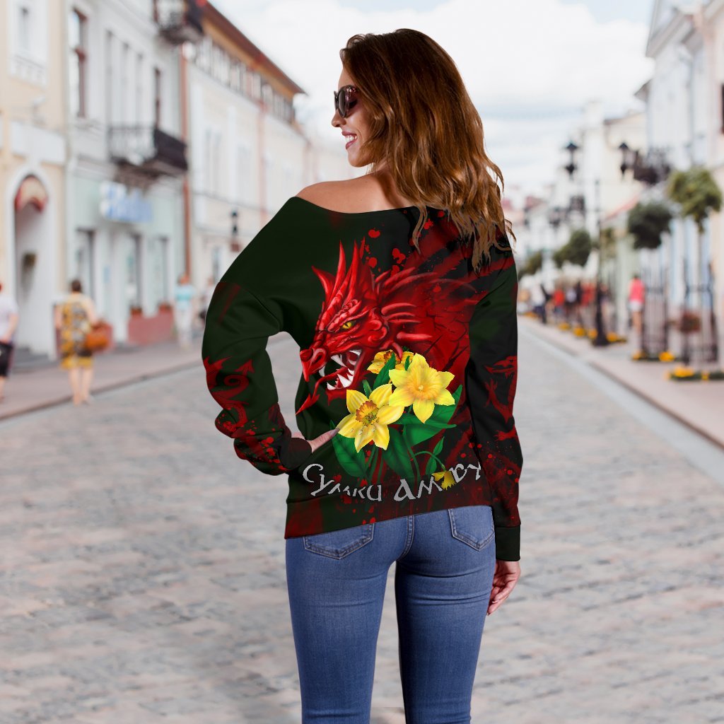 Wales Women's Off Shoulder Sweater, Cymru Am Byth Welsh Dragon Daffodil - Vibe Hoodie