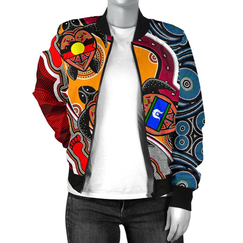 womens-bomber-jacket-australia-aboriginal-dots-with-turtle-and-naidoc-flags