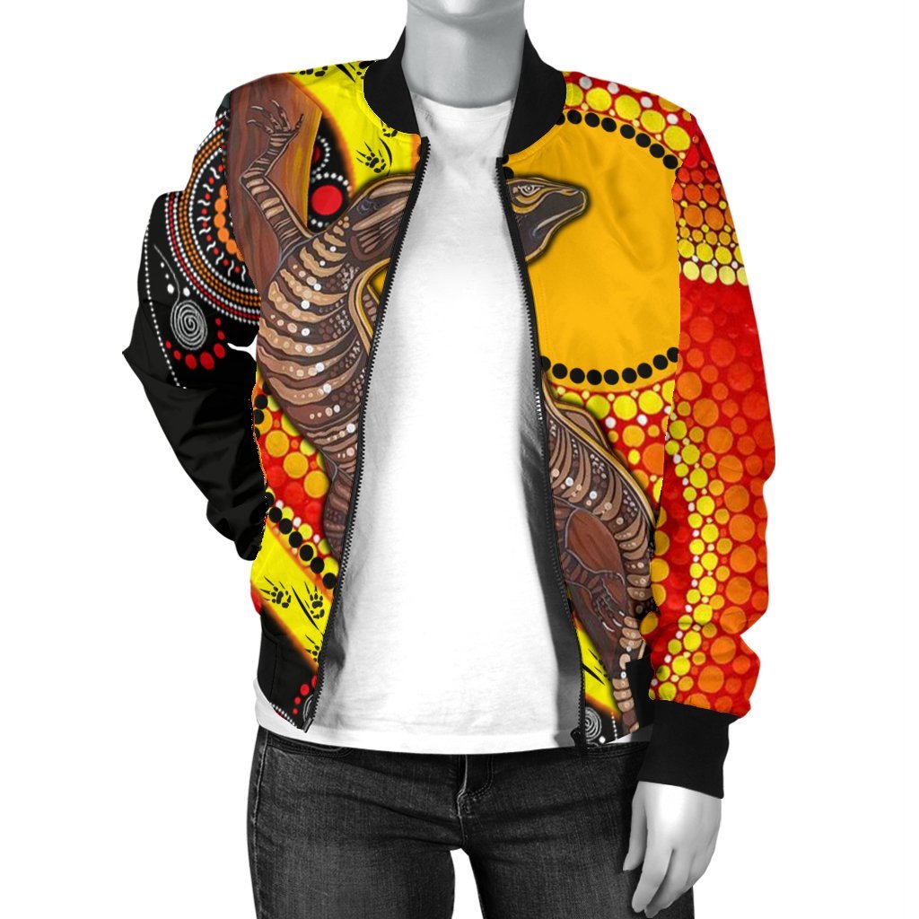 womens-bomber-jacket-australian-aboriginal-dot-painting-sun-and-lizard