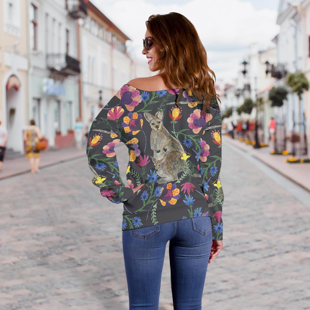 Womens Off Shoulder Sweater - Kangaroo Sweater Flowers Painting - Vibe Hoodie