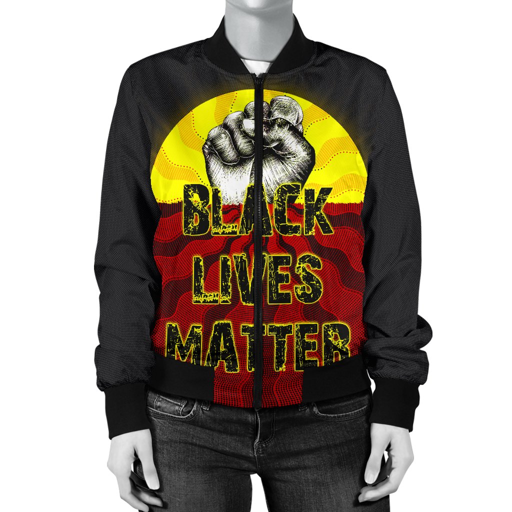 womens-bomber-jacket-aboriginal-black-lives-matter-sun-dot-painting