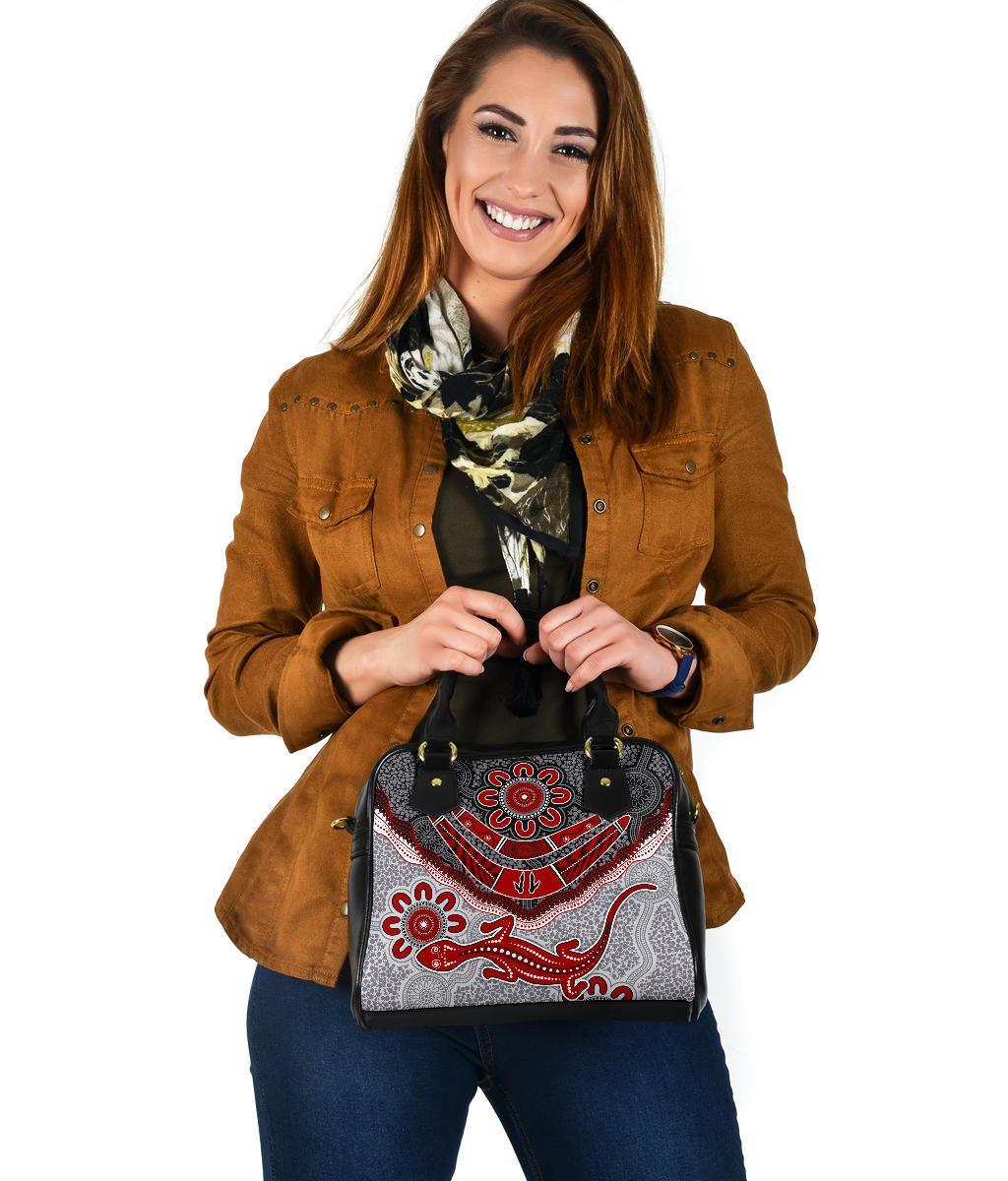 Aboriginal Shoulder Handbag - Indigenous Boomerang and Lizard Art - Vibe Hoodie