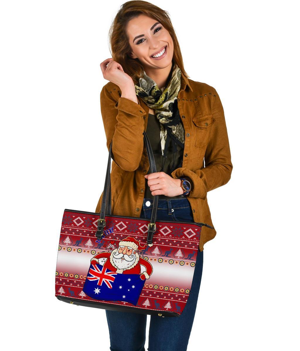 christmas-personalised-large-leather-tote-bags-australia-santa-claus-hold-the-flag-red