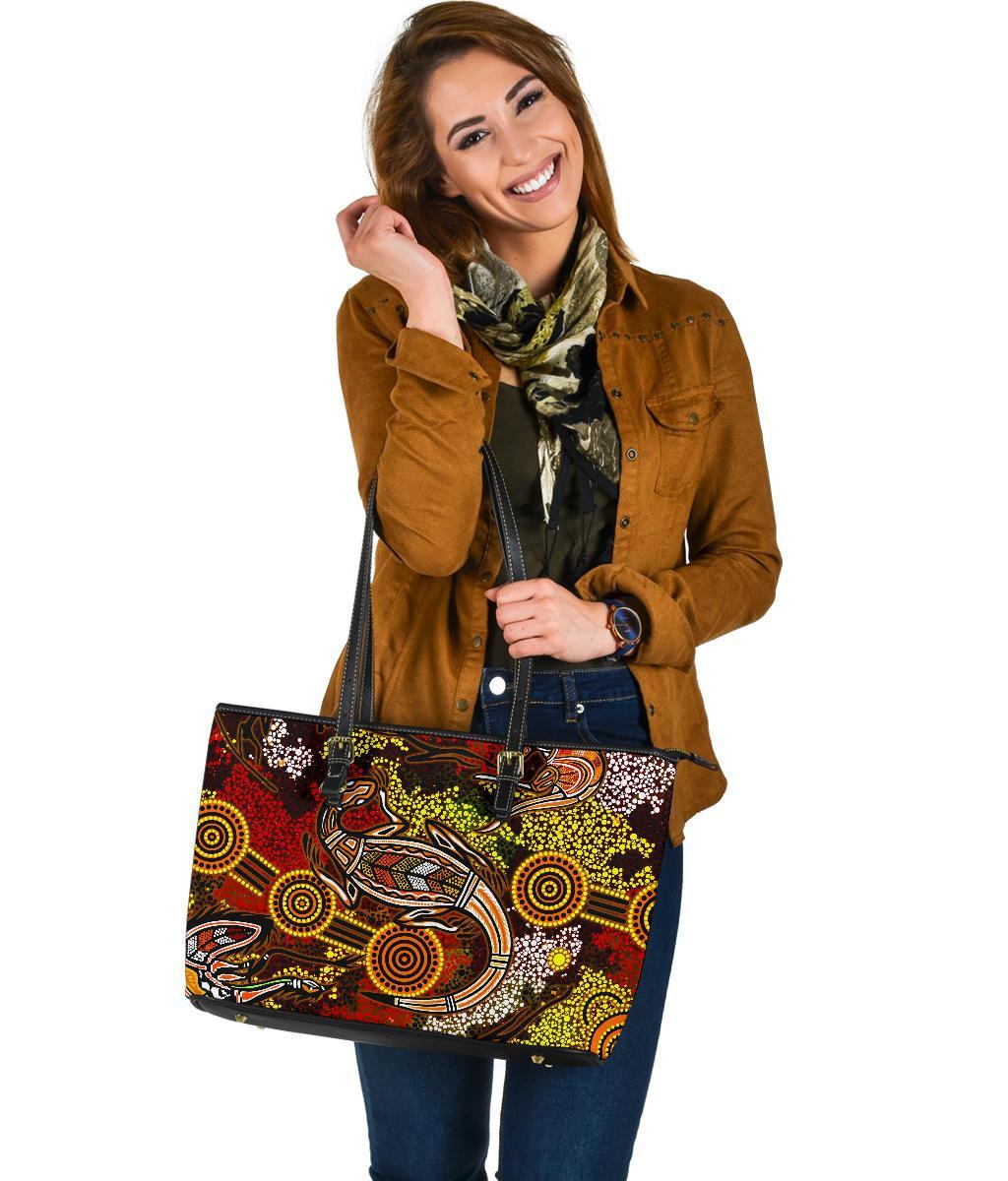 aboriginal-leather-tote-bag-kangaroo-and-lizard-dot-painting-art