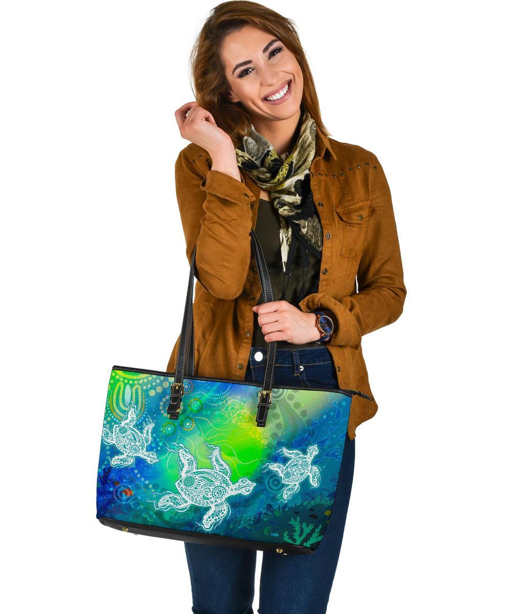 aboriginal-large-leather-tote-bags-indigenous-turtle-ocean-dot-painting-art