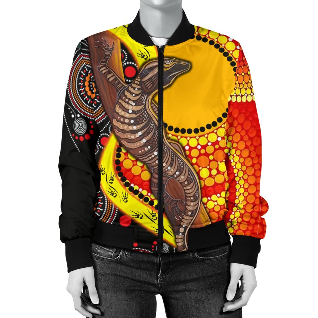 womens-bomber-jacket-australian-aboriginal-dot-painting-sun-and-lizard